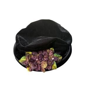 Vtg Velvet Bucket Hat Womens O/S Black Lolita Romantic Floral 90s Blossom Indie